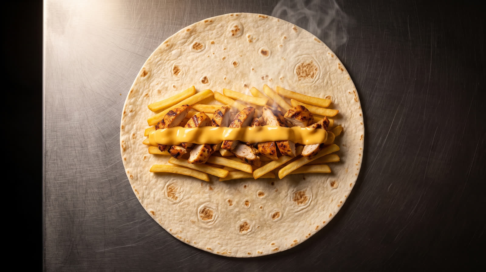 Offene Tortilla mit Pommes, Poulet und Cheese-Sauce auf Stahlcounter